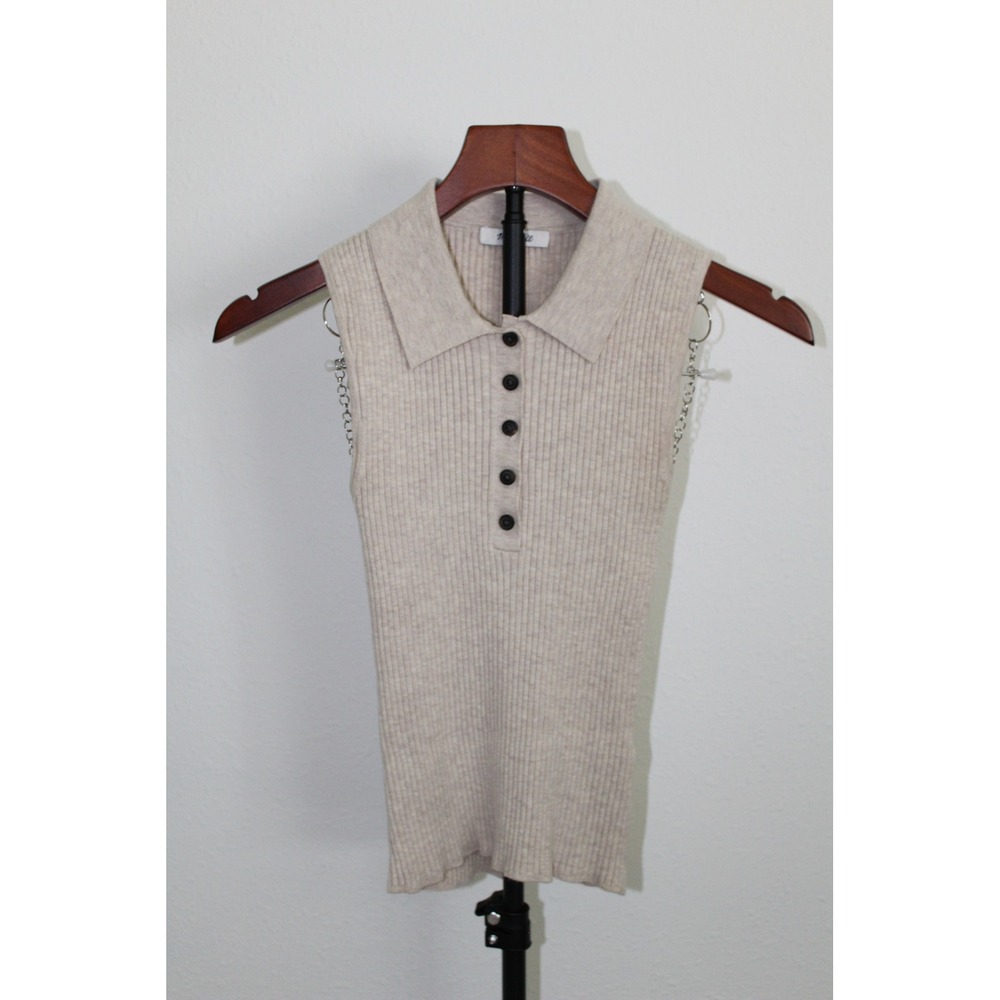 Madewell Women's XXS Ribbed Sleeveless Polo Sweater Heather Beige‎ Button Up Top